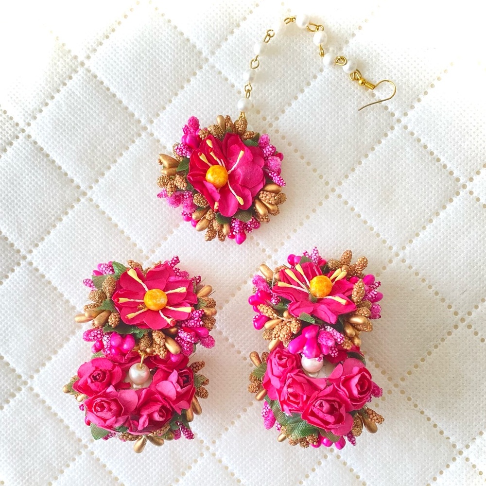 Indian Pakistani Pink Floral Flower Jewellery Set Handmade